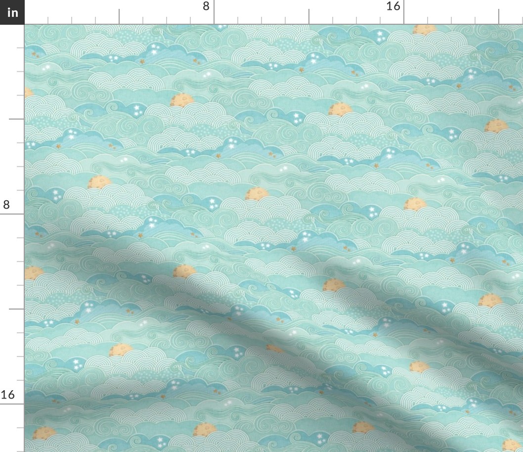Cozy Night Sky Mint Green Mini- Full Moon and Stars Over the Clouds- Turquoise- Pastel Green- Relaxing Home Decor- Nursery Wallpaper- Small Scale- Quilt Blender- Baby