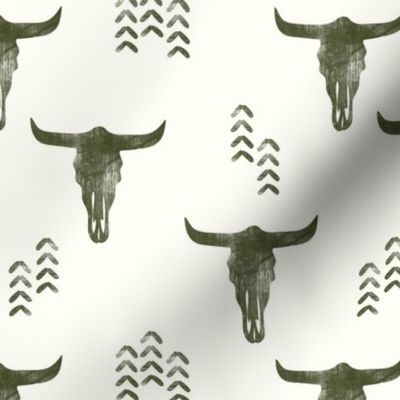 desert skulls - boho - southwest cow skull - dark olive green on cream  - C22