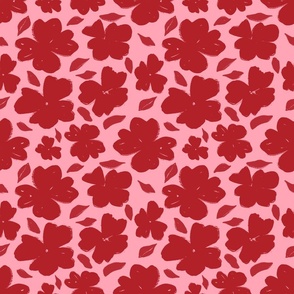 Red flowers on pink, modern floral fabric, home decor fabric, women's clothes fabric