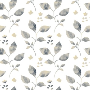 Woodland watercolour- neutral grey leaves floral bloom white 