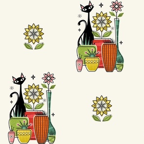 Plants Pots and a Pussycat - Half Brick Custom *Please Note: This design is customized to fit  width wise across 58" wide fabric . ***It Does Not Repeat Evenly Width wise Across Large Home Decor Products or Wallpaper***