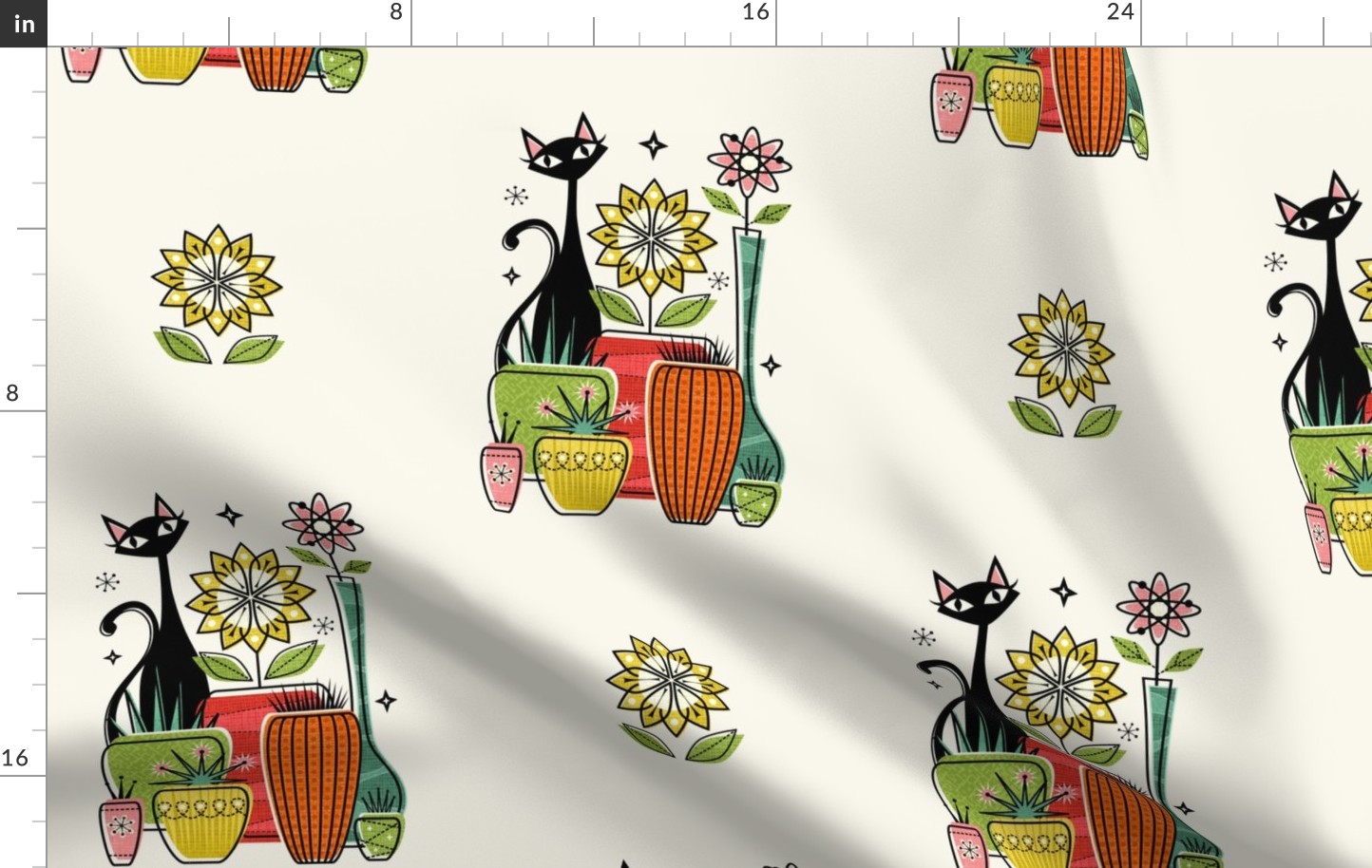 Plants Pots and a Pussycat - Half Brick Custom *Please Note: This design is customized to fit  width wise across 58" wide fabric . ***It Does Not Repeat Evenly Width wise Across Large Home Decor Products or Wallpaper***