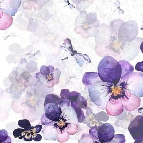 Large Purple Floral / Pansy / Dragonfly / Watercolor