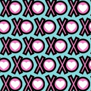 XO pink and black Valentine's Day design with white heart on blue background
