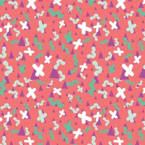 Pop Geo 90s Purple Triangles, white crosses and green Wiggly Worms on tomato soup