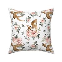 Large Scale / Little Deer With Vintage Roses / White Background / Rotated