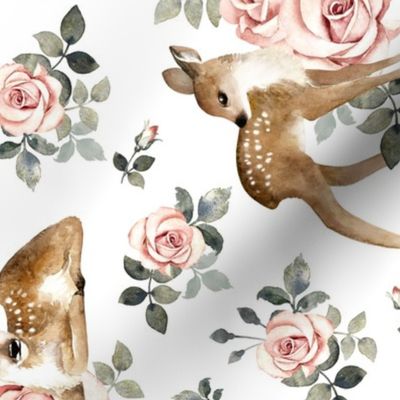 Large Scale / Little Deer With Vintage Roses / White Background / Rotated