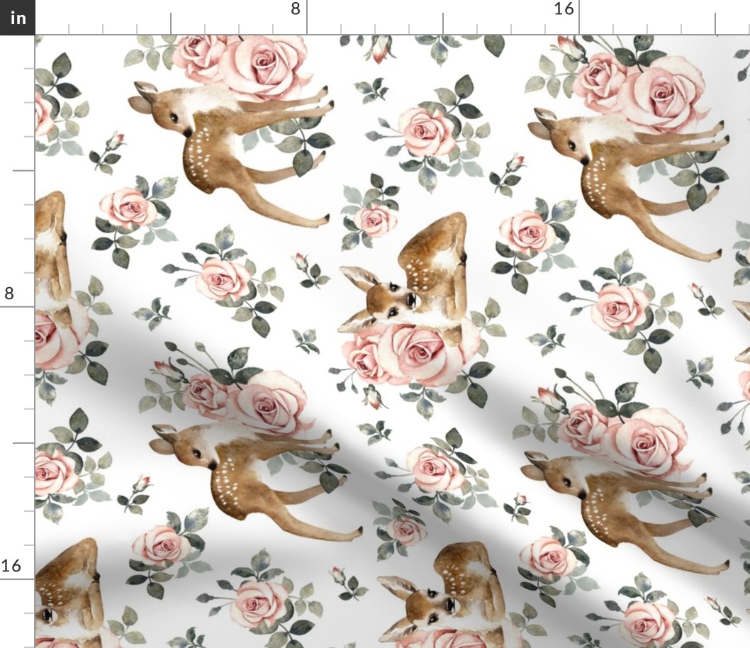 Large Scale / Little Deer With Vintage Roses / White Background / Rotated