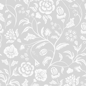 Chinoiserie Damask Floral Art Nouveau - White on Light Grey