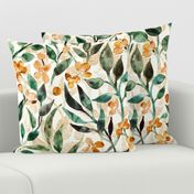 Watercolor Leaves and Blossoms in Dappled Light - olive and cream - large scale