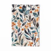 Watercolor Leaves and Blossoms in Dappled Light - dark teal and white - large scale