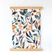 Watercolor Leaves and Blossoms in Dappled Light - dark teal and white - large scale