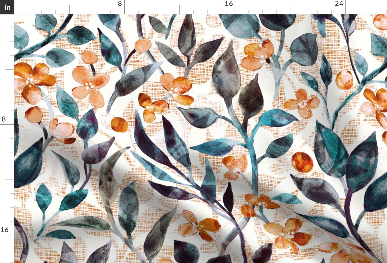 Watercolor Leaves and Blossoms in Dappled Light - dark teal and white - large scale