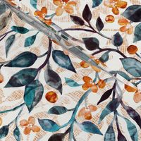 Watercolor Leaves and Blossoms in Dappled Light - dark teal and white - medium scale