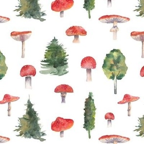 Forest Pattern with trees and mushrooms White