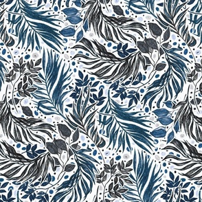 Painted Leaves and Foliage - dark blue on white