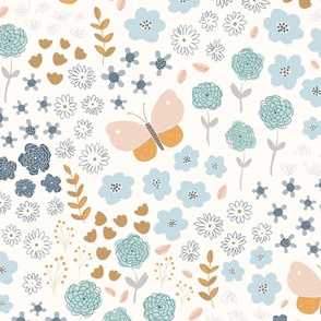 Hello Darling 2 / cute and sweet floral pattern design with butterflies blue turquoise, orange, brown