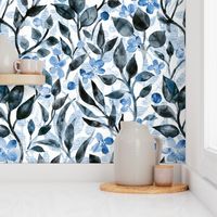 Leaves and Blooms in Charcoal and Blueberry - large scale