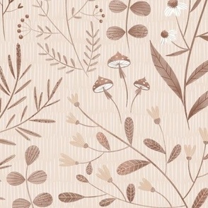 Warm neutrals botanical design with wildflowers and mushrooms, large scale