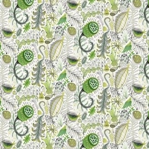 fantastical botanical, small scale, gray grey green black and white ivory neutral quirky cottagecore