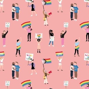 Queer rights demonstration people holding up signs  for tolerance pride lgbtq rainbow flag  pink blush