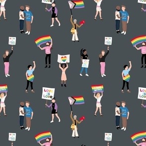 Queer rights demonstration people holding up signs  for tolerance pride lgbtq rainbow flag  charcoal gray