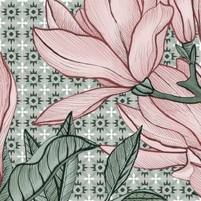 Magnolias on grid - Pink - Large