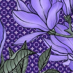 Magnolias on grid - Violet - Large