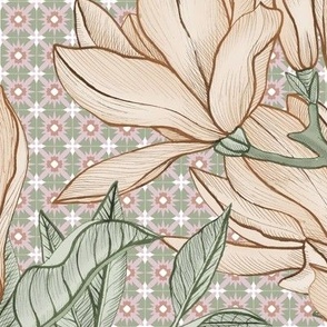 Magnolias on grid - Cream - Large