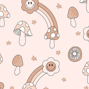 Retro Smiley Flower Mushroom Rainbow in muted blush pink tan nursery