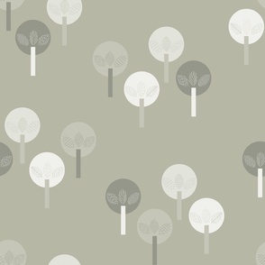 Trees with hand-drawn elements on green