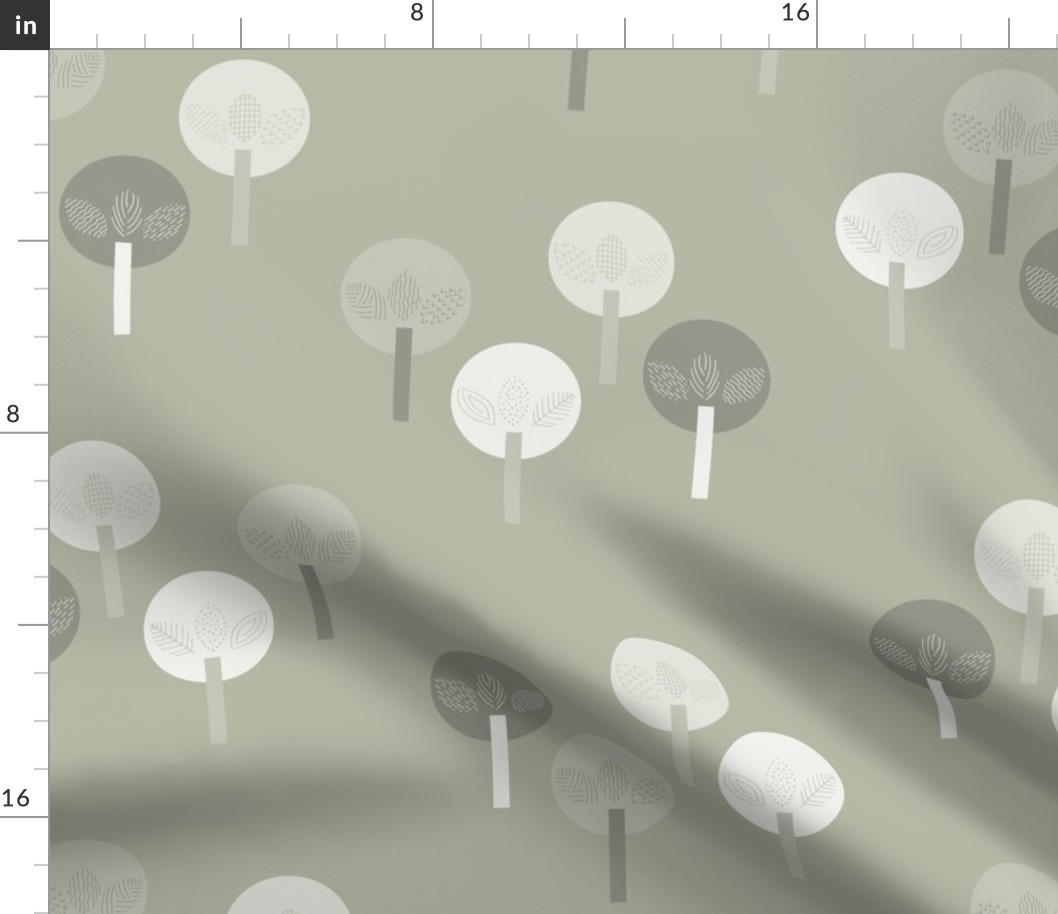 Trees with hand-drawn elements on green