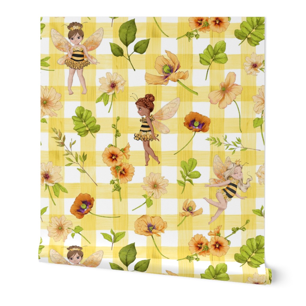 bumble bee floral yellow gingham