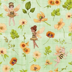 bumble bee floral green linen