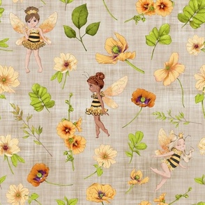 bumble bee floral brown linen