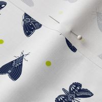 Pretty Folk Art Moths, Navy on White with Lime Polka Dots