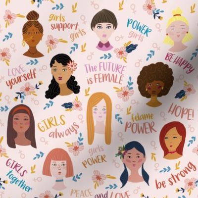 International women's day //Doodle faces Motivation Phrases Flowers Groovy Navy Salmon Yellow light pink background // medium scale