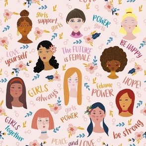 International women's day //Doodle faces Motivation Phrases Flowers Groovy Navy Salmon Yellow light pink background // medium scale