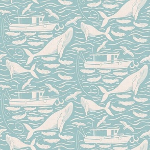 Deep sea fishing adventure block print, aqua