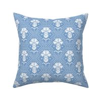 Bachelor Button Boutonniere - Cornflower Floral Damask - Cornflower Blue Faux Linen White Regular Scale