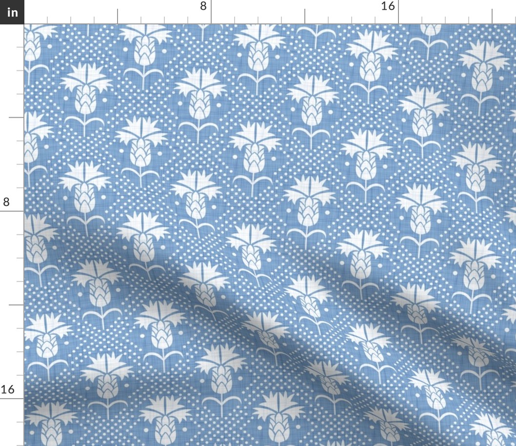 Bachelor Button Boutonniere - Cornflower Floral Damask - Cornflower Blue Faux Linen White Regular Scale