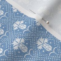 Bachelor Button Boutonniere - Cornflower Floral Damask - Cornflower Blue Faux Linen White Small Scale