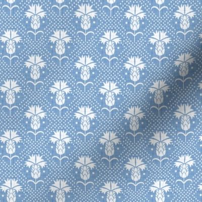 Bachelor Button Boutonniere - Cornflower Floral Damask - Cornflower Blue Faux Linen White Small Scale