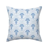 Bachelor Button Boutonniere - Cornflower Floral Damask - Faux Linen White Cornflower Blue Regular Scale