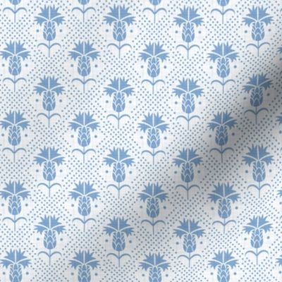 Bachelor Button Boutonniere - Cornflower Floral Damask - Faux Linen White Cornflower Blue Small Scale