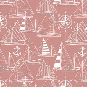 Small Scale / Sailboats / White On Coral Background