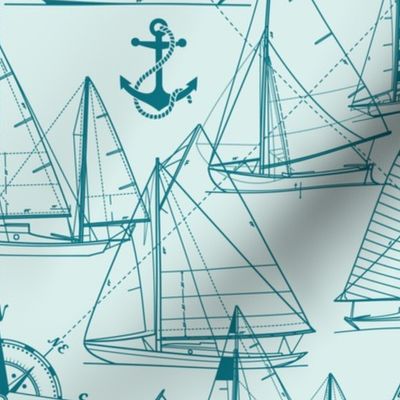 Large Scale / Sailboats / Teal On Mint Background