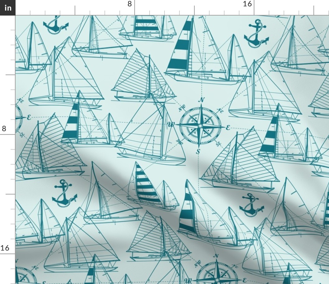 Large Scale / Sailboats / Teal On Mint Background