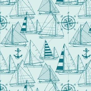 Small Scale / Sailboats / Teal On Mint Background