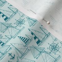 Tiny Scale / Sailboats / Teal On Mint Background